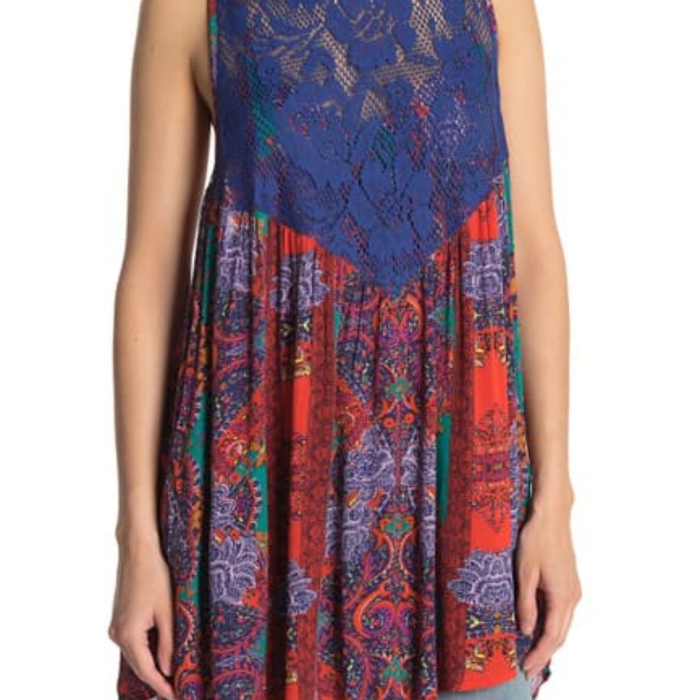 NWT Free People Lace & Print Trapeze Tunic Dress